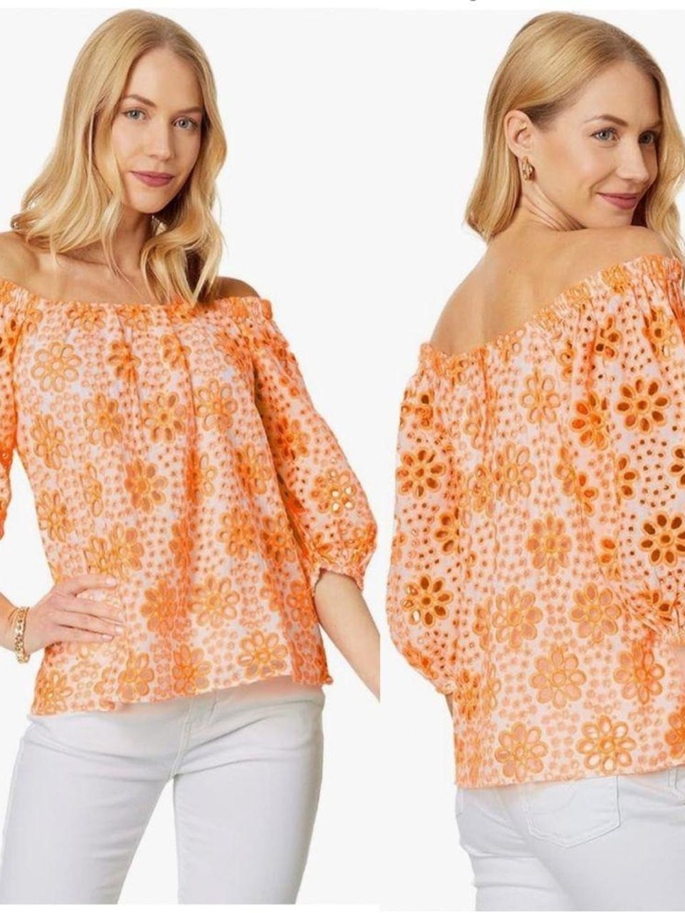 NWT $148 Lilly Pulitzer Kerrigan Elbow Top - Cantaloupe Funflower Eyelet, Sz S